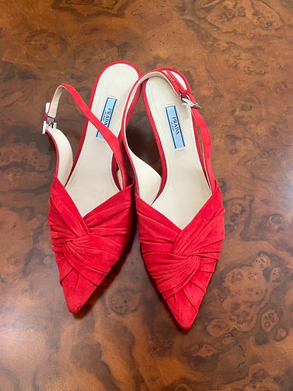 PRADA Red Suede Twist Slingback Pointed Toe Sandals Size IT 38 US 7 - Picture 2 of 11
